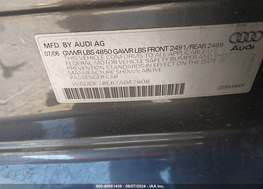 2007 AUDI A4 2.0T VIN: WAUDF78E67A047608
