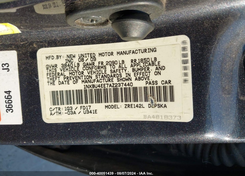 2010 TOYOTA COROLLA S VIN: 1NXBU4EE7AZ237440