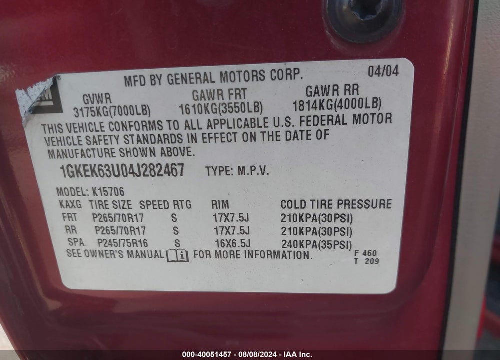 2004 GMC YUKON DENALI VIN: 1GKEK63U04J282467