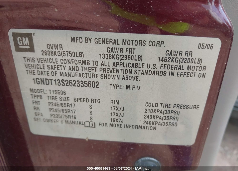2006 CHEVROLET TRAILBLAZER LS VIN: 1GNDT13S262335602
