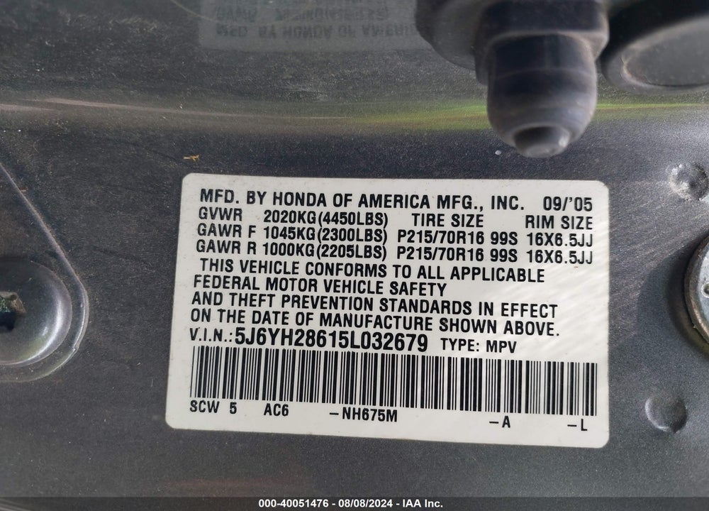 2005 HONDA ELEMENT EX VIN: 5J6YH28615L032679