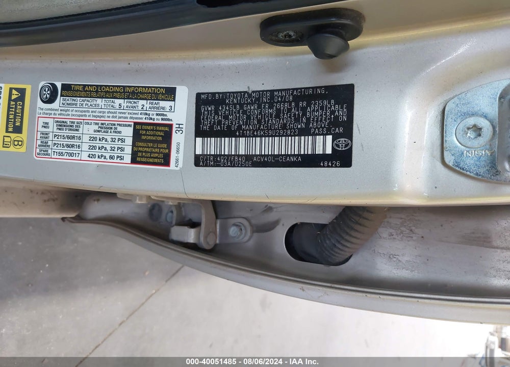 2009 TOYOTA CAMRY LE VIN: 4T1BE46K59U292823