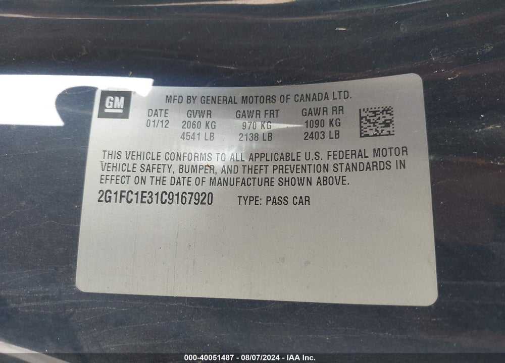 2012 CHEVROLET CAMARO 2LT VIN: 2G1FC1E31C9167920