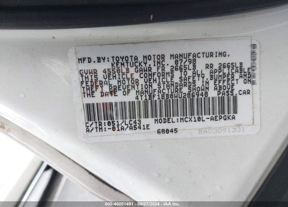1998 TOYOTA AVALON XLS VIN: 4T1BF18B0WU286948