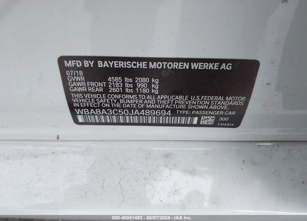 2018 BMW 320I XDRIVE VIN: WBA8A3C50JA489694
