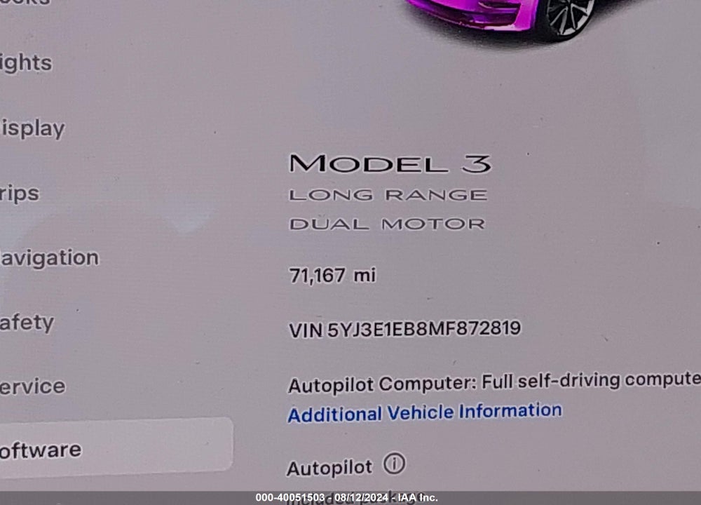 2021 TESLA MODEL 3 LONG RANGE DUAL MOTOR ALL-WHEEL DRIVE VIN: 5YJ3E1EB8MF872819