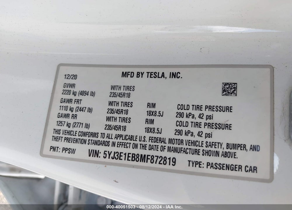 2021 TESLA MODEL 3 LONG RANGE DUAL MOTOR ALL-WHEEL DRIVE VIN: 5YJ3E1EB8MF872819