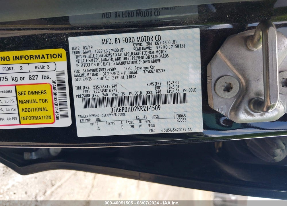 2019 FORD FUSION SE VIN: 3FA6P0HD2KR214509