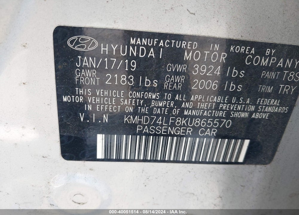 2019 HYUNDAI ELANTRA SE VIN: KMHD74LF8KU865570