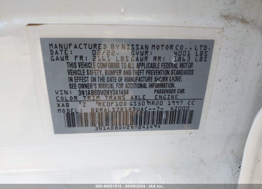 2022 NISSAN SENTRA SR XTRONIC CVT VIN: 3N1AB8DV0NY241494