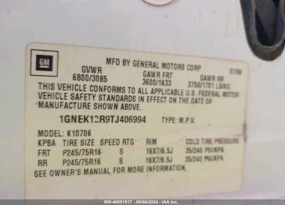 1996 CHEVROLET TAHOE K1500 VIN: 1GNEK13R9TJ406994