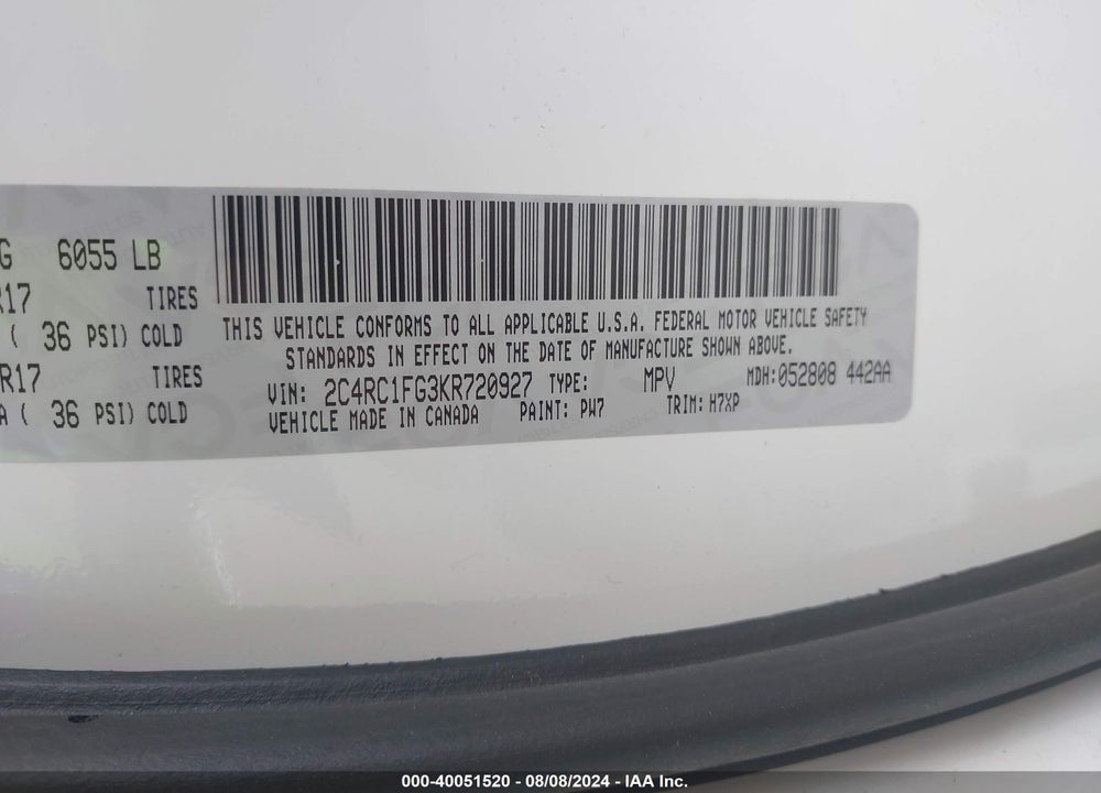 2019 CHRYSLER PACIFICA TOURING PLUS VIN: 2C4RC1FG3KR720927