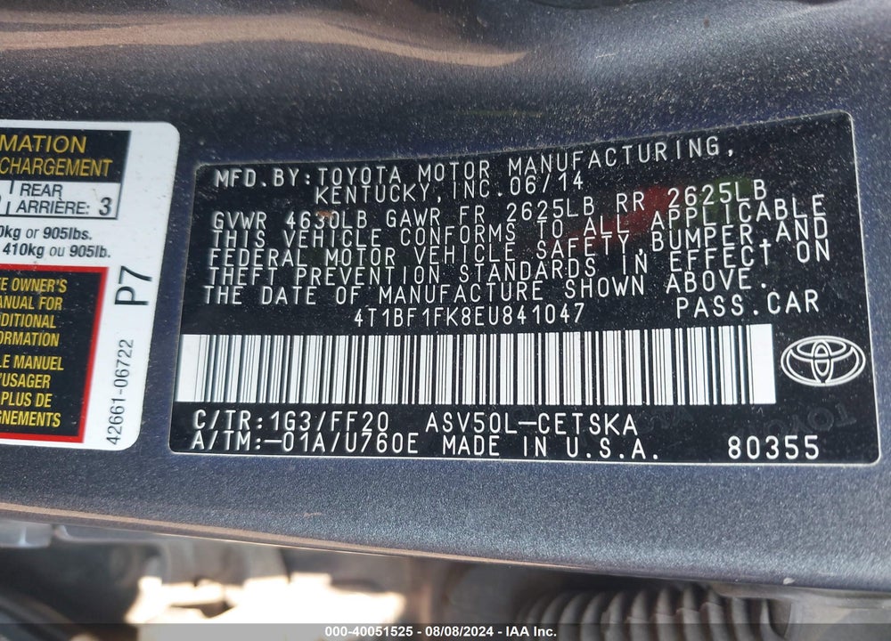 2014 TOYOTA CAMRY SE VIN: 4T1BF1FK8EU841047