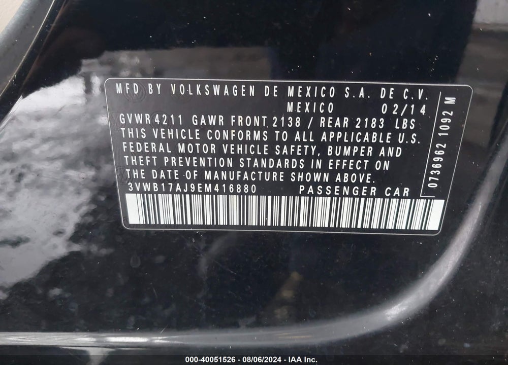 2014 VOLKSWAGEN JETTA 1.8T SE VIN: 3VWB17AJ9EM416880