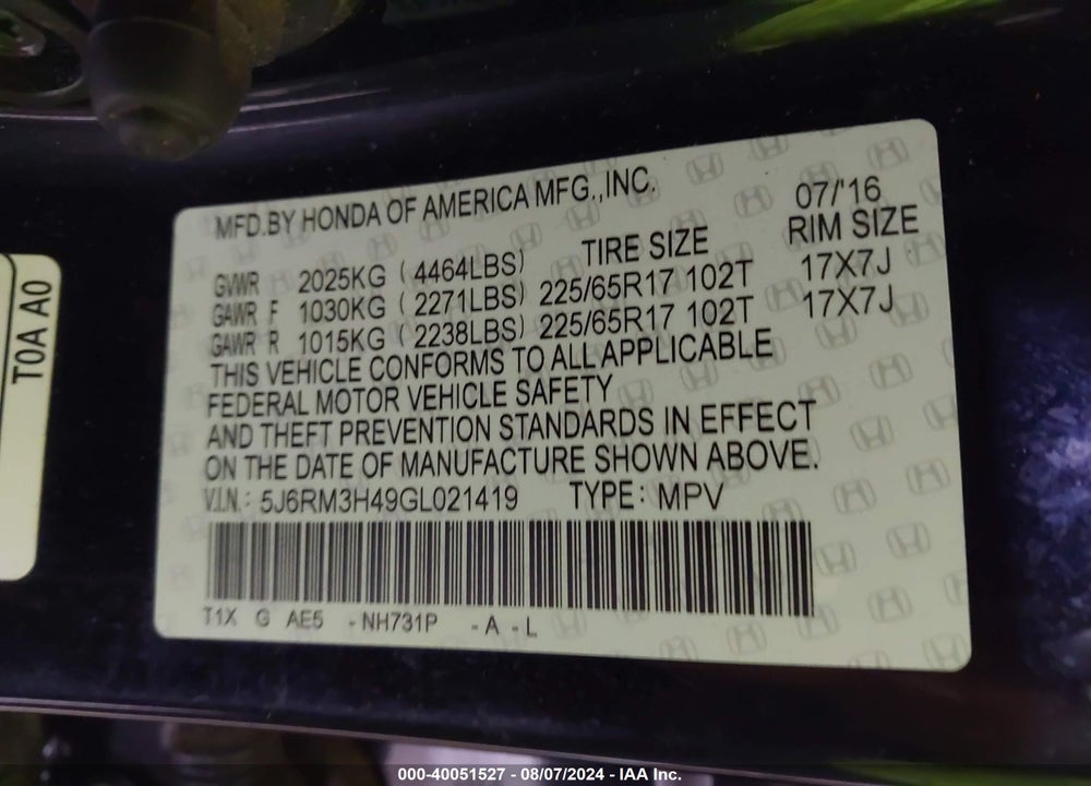 2016 HONDA CR-V SE VIN: 5J6RM3H49GL021419