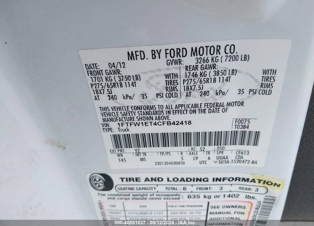 2012 FORD F-150 XLT VIN: 1FTFW1ET4CFB42418