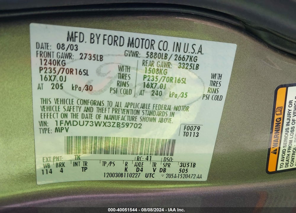 2003 FORD EXPLORER NBX/XLT VIN: 1FMDU73WX3ZB59702