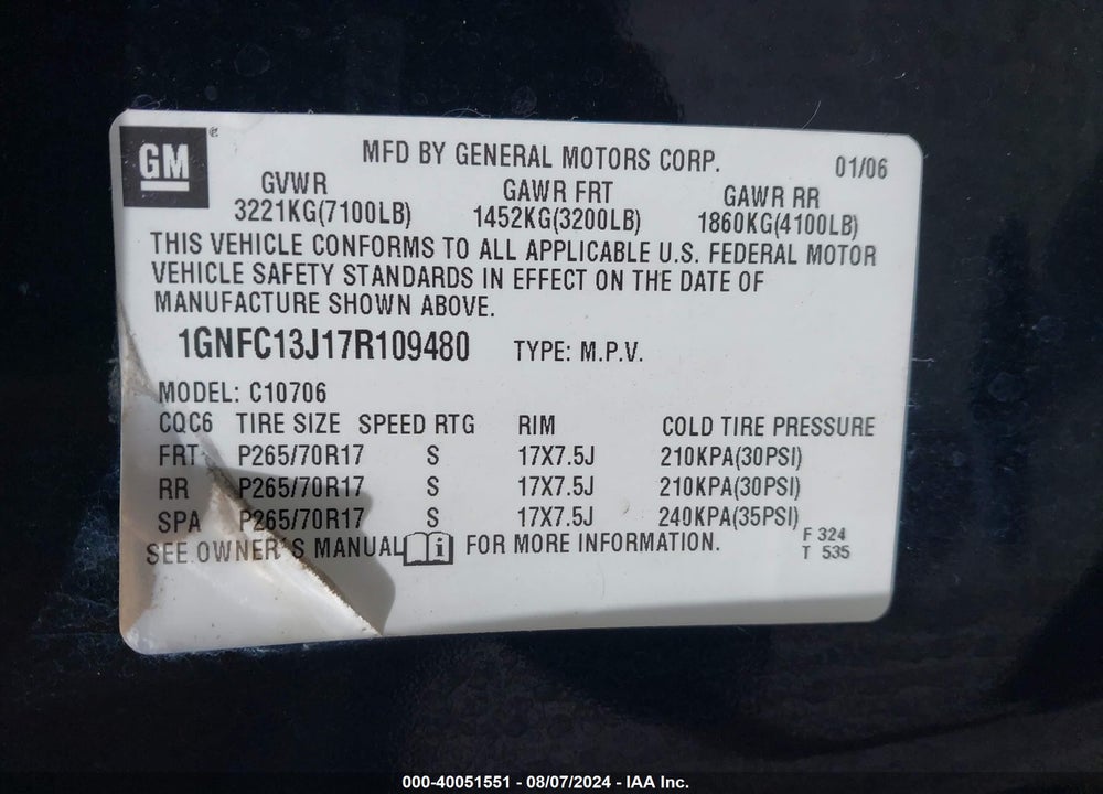 2007 CHEVROLET TAHOE LT VIN: 1GNFC13J17R109480