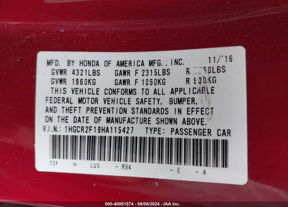 2017 HONDA ACCORD SPORT SE VIN: 1HGCR2F19HA115427