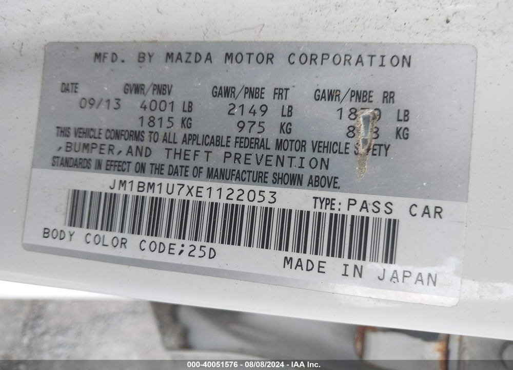 2014 MAZDA 3 I SPORT VIN: JM1BM1U7XE1122053