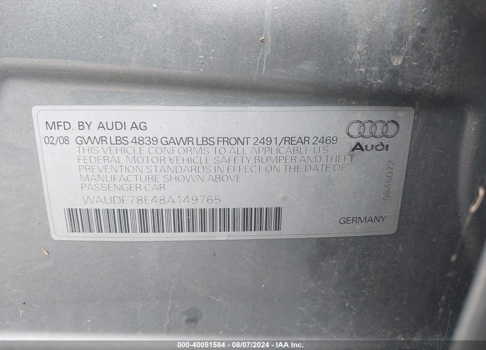 2008 AUDI A4 2.0T/2.0T SPECIAL EDITION VIN: WAUDF78E48A149765