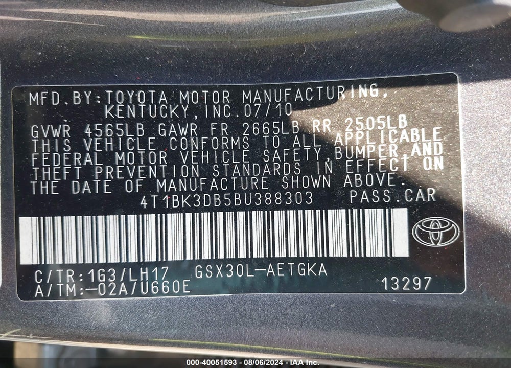 2011 TOYOTA AVALON VIN: 4T1BK3DB5BU388303