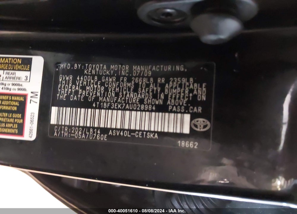 2010 TOYOTA CAMRY VIN: 4T1BF3EK7AU028984