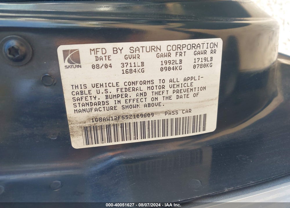2005 SATURN ION 3 VIN: 1G8AW12F55Z109609