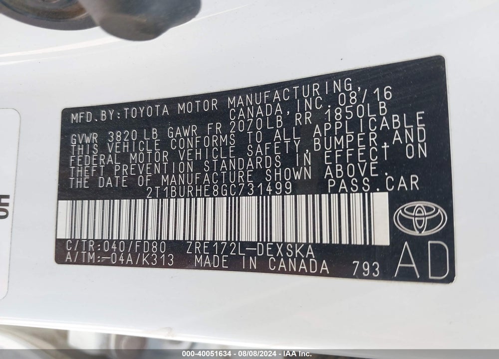 2016 TOYOTA COROLLA S PLUS VIN: 2T1BURHE8GC731499