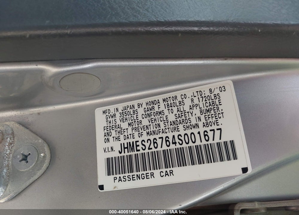 2004 HONDA CIVIC EX VIN: JHMES26764S001677