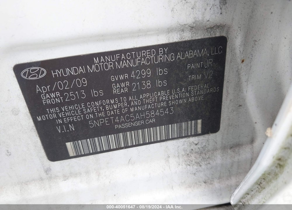 2010 HYUNDAI SONATA GLS VIN: 5NPET4AC5AH584543