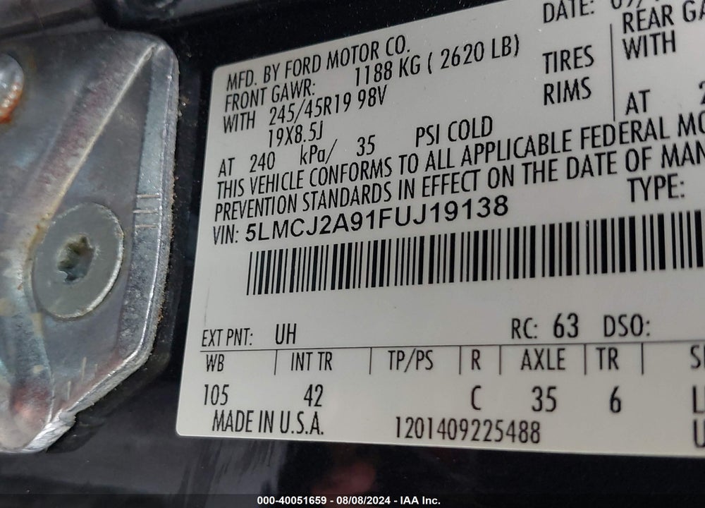 2015 LINCOLN MKC VIN: 5LMCJ2A91FUJ19138
