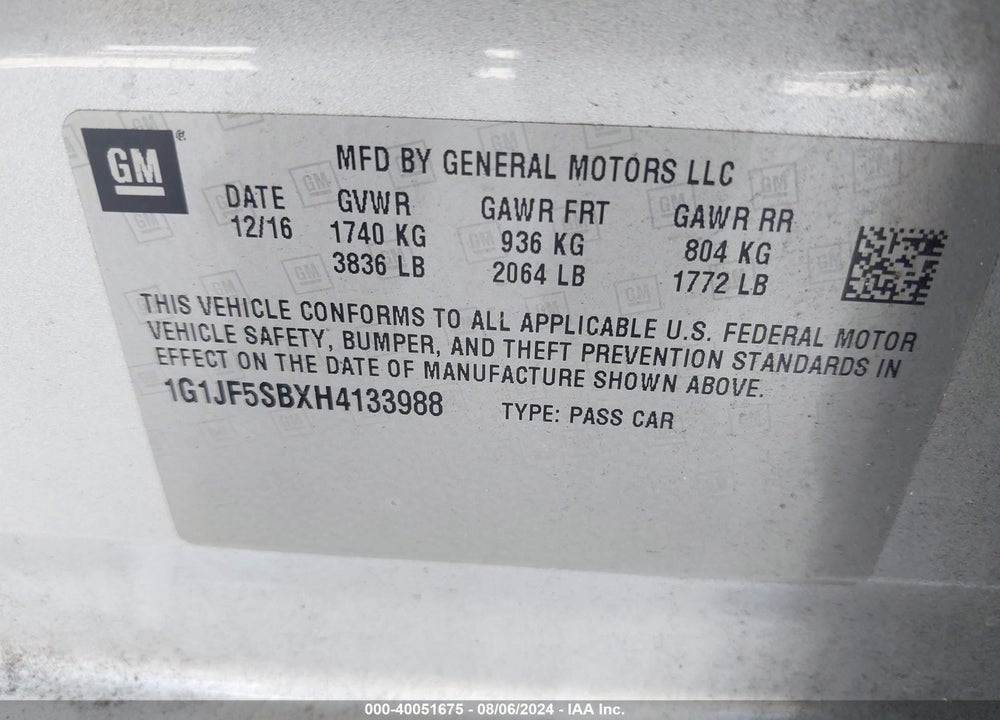 2017 CHEVROLET SONIC PREMIER AUTO VIN: 1G1JF5SBXH4133988