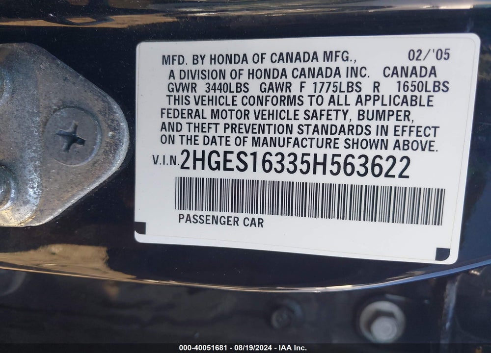 2005 HONDA CIVIC VIN: 2HGES16335H563622