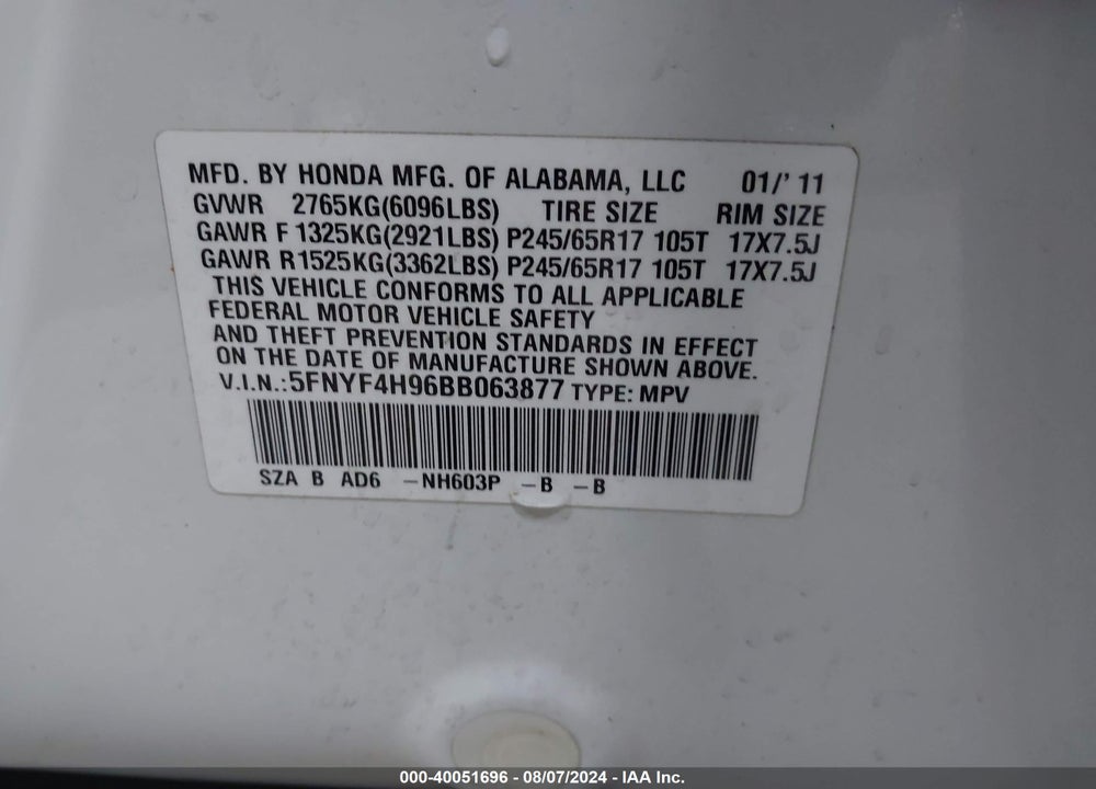 2011 HONDA PILOT TOURING VIN: 5FNYF4H96BB063877