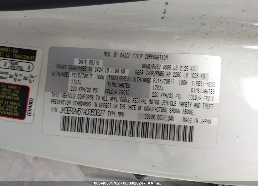 2010 MAZDA CX-7 I SV VIN: JM3ER2W51A0350627