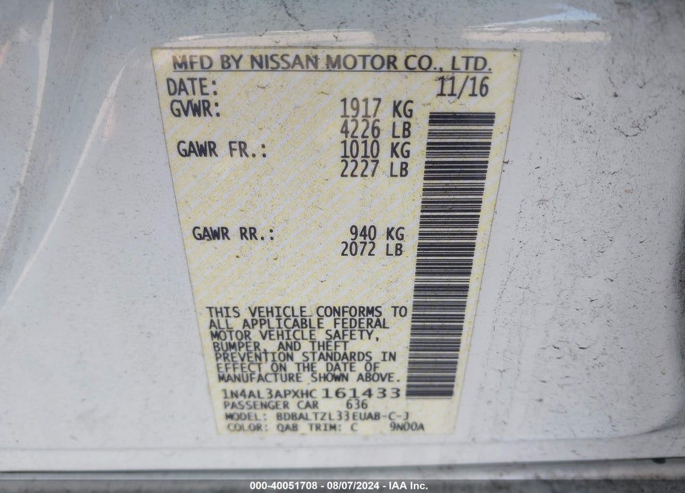 2017 NISSAN ALTIMA 2.5 SL VIN: 1N4AL3APXHC161433