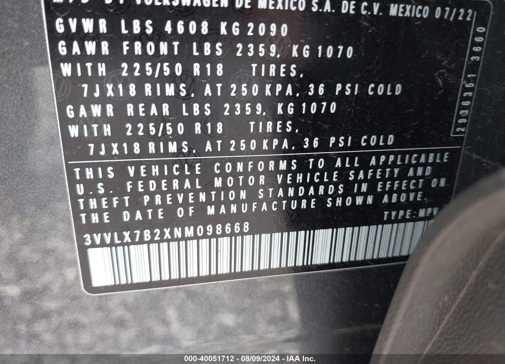 2022 VOLKSWAGEN TAOS 1.5T SE VIN: 3VVLX7B2XNM098668