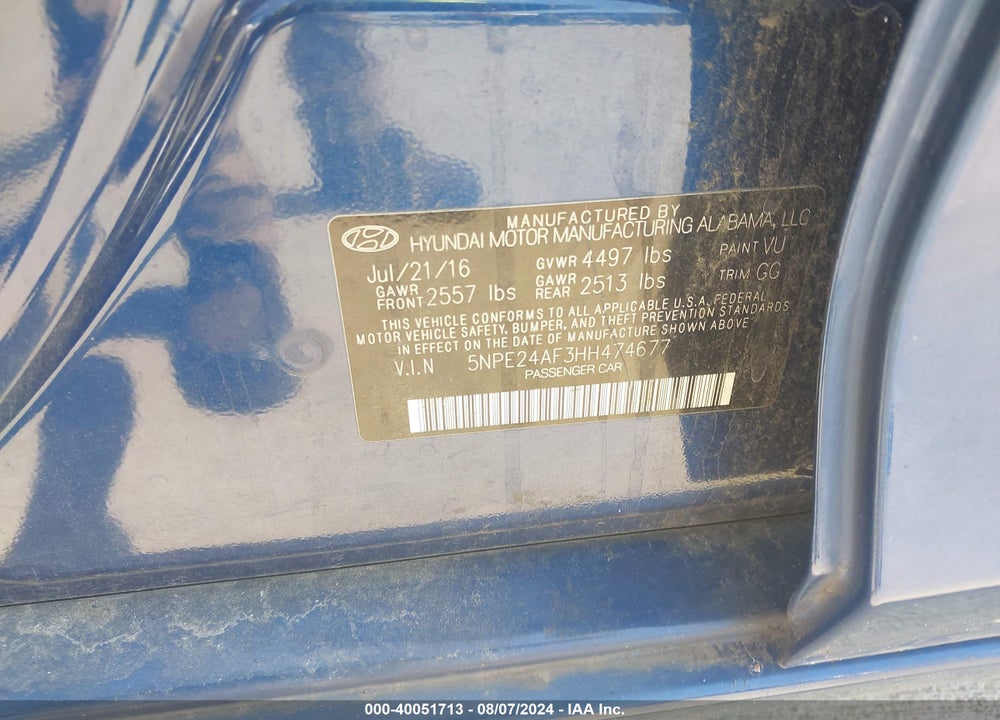 2017 HYUNDAI SONATA SE VIN: 5NPE24AF3HH474677