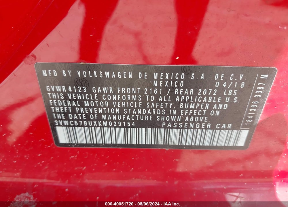 2019 VOLKSWAGEN JETTA 1.4T R-LINE/1.4T S/1.4T SE VIN: 3VWC57BUXKM029154