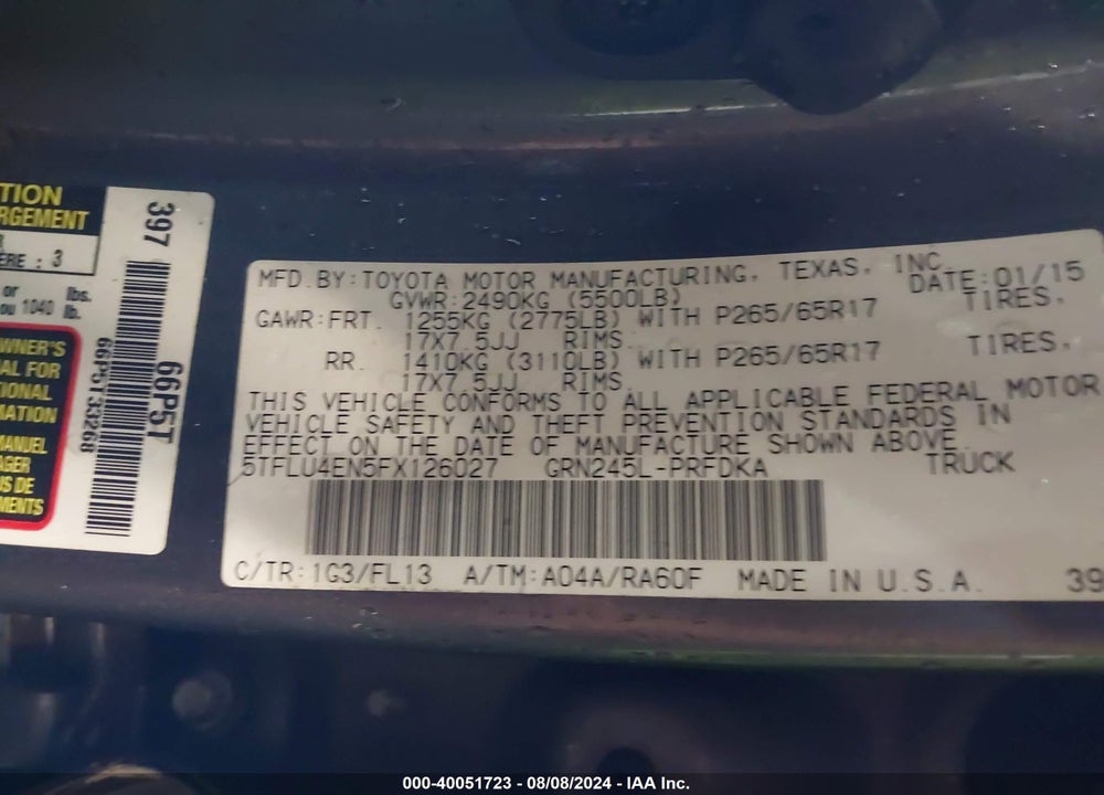 2015 TOYOTA TACOMA BASE V6 VIN: 5TFLU4EN5FX126027