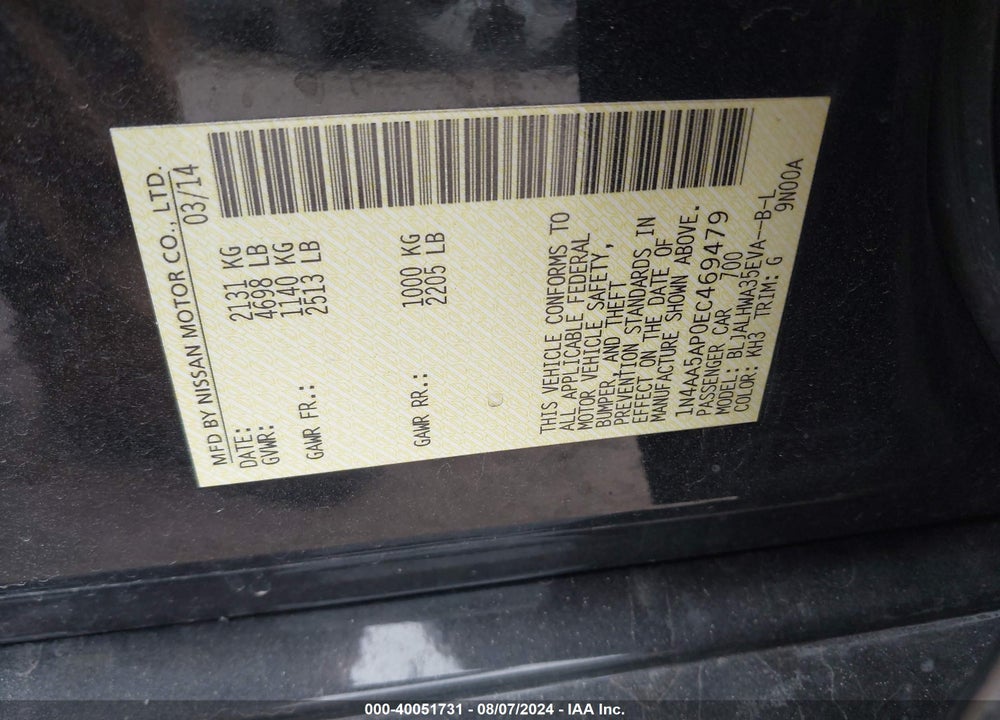 2014 NISSAN MAXIMA 3.5 SV VIN: 1N4AA5AP0EC469479