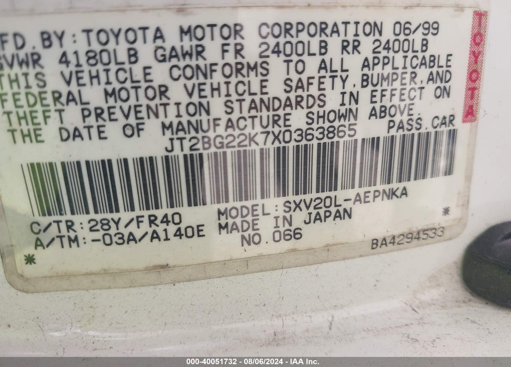 1999 TOYOTA CAMRY LE VIN: JT2BG22K7X0363865