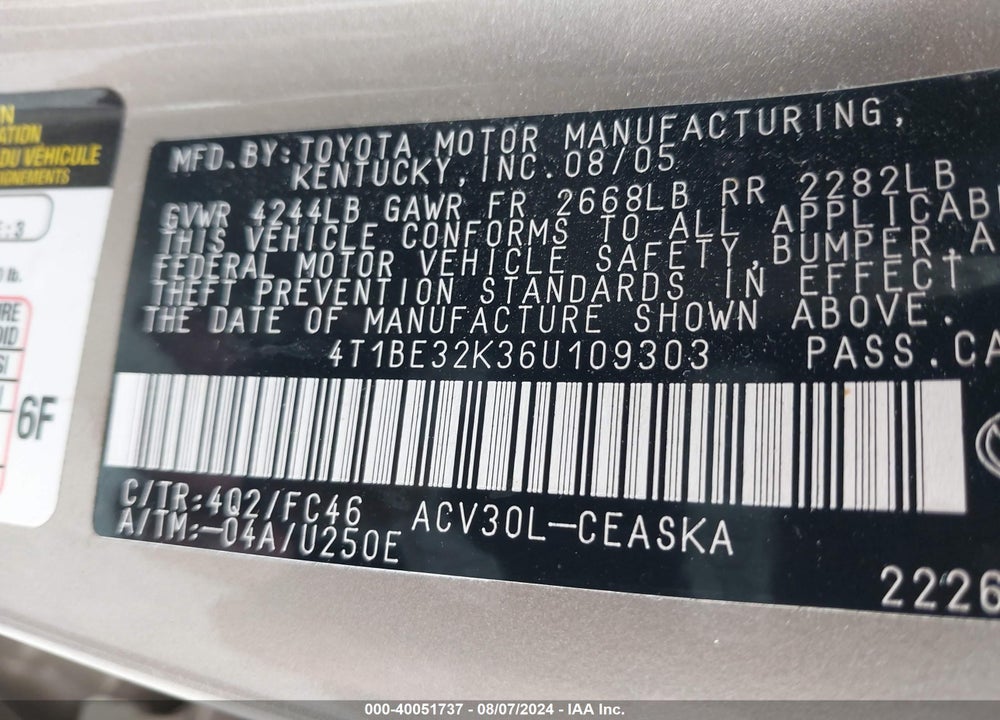 2006 TOYOTA CAMRY SE VIN: 4T1BE32K36U109303