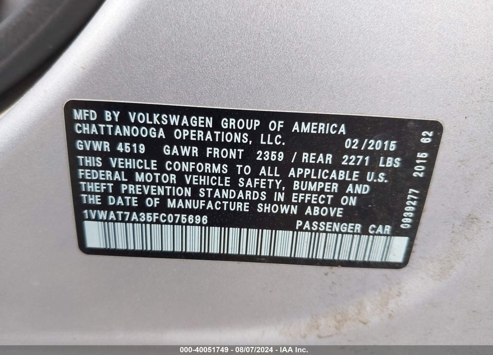 2015 VOLKSWAGEN PASSAT 1.8T LIMITED EDITION VIN: 1VWAT7A35FC075696