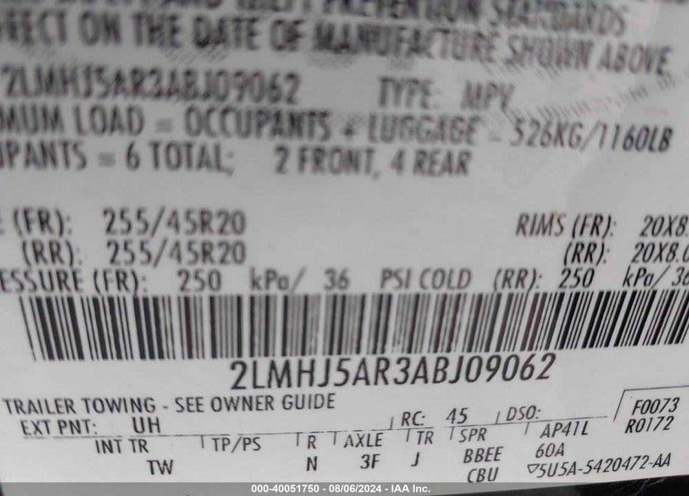 2010 LINCOLN MKT VIN: 2LMHJ5AR3ABJ09062