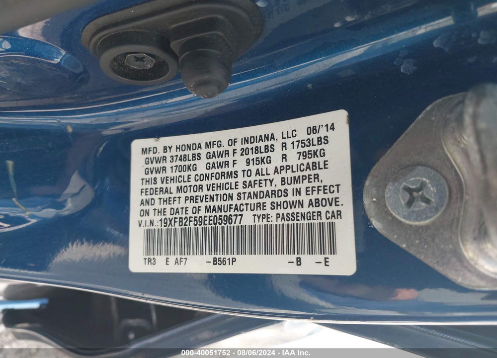 2014 HONDA CIVIC LX VIN: 19XFB2F59EE059677
