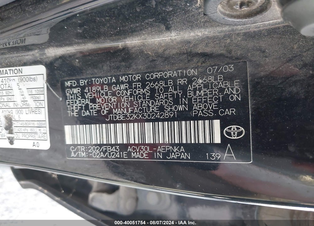 2003 TOYOTA CAMRY LE VIN: JTDBE32KX30242891