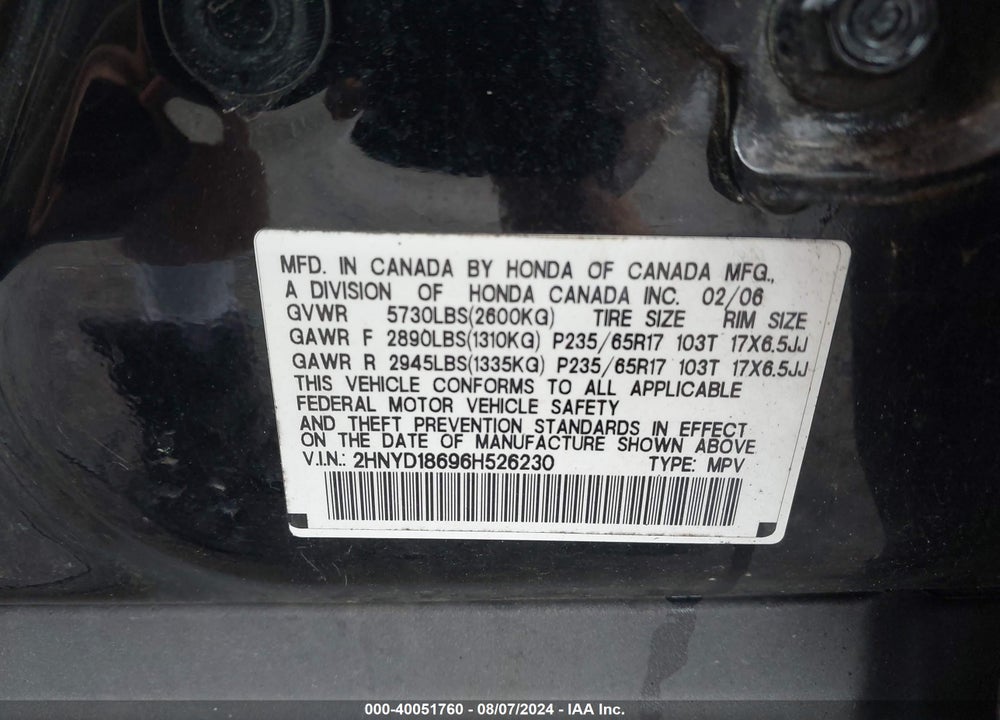 2006 ACURA MDX VIN: 2HNYD18696H526230