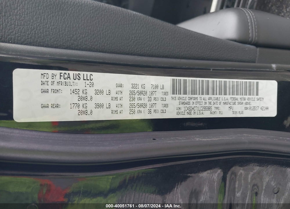 2020 DODGE DURANGO R/T RWD VIN: 1C4SDHCT1LC295985